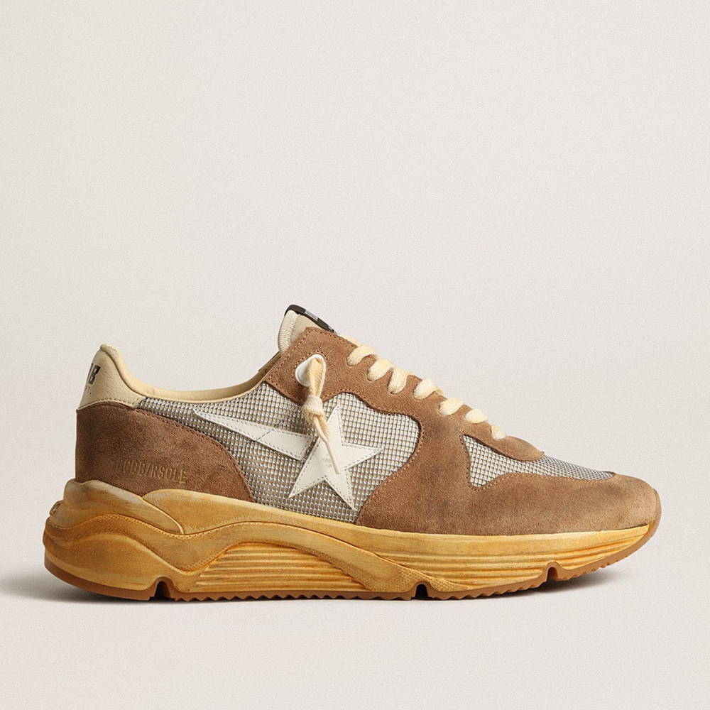 Golden Goose Running Sole In Silver Mesh And Tobacco Suede With A White Star GMF00126.F004079.82146